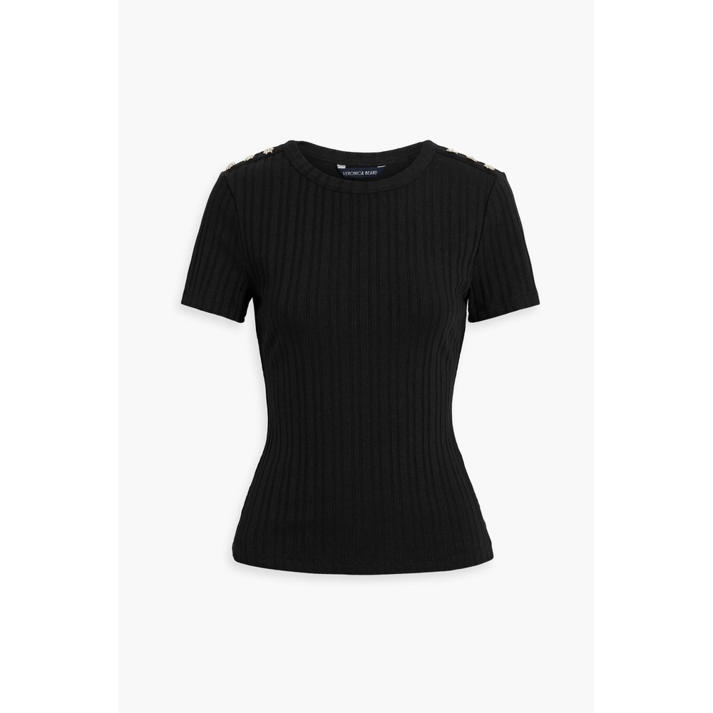 Veronica Beard Draya Embellished Ribbed Cotton Top Black XS
